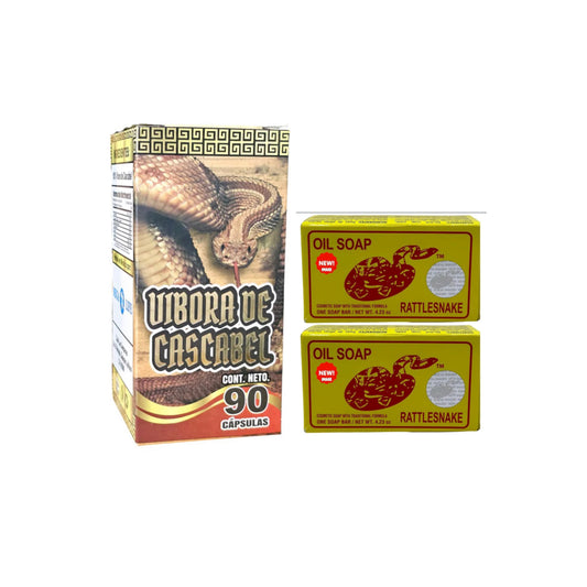 Kit- 1 Bote de 90 Capsulas Vibora de Cascabel y 2 Jabones Vibora de Cascabel 100% Mexicano